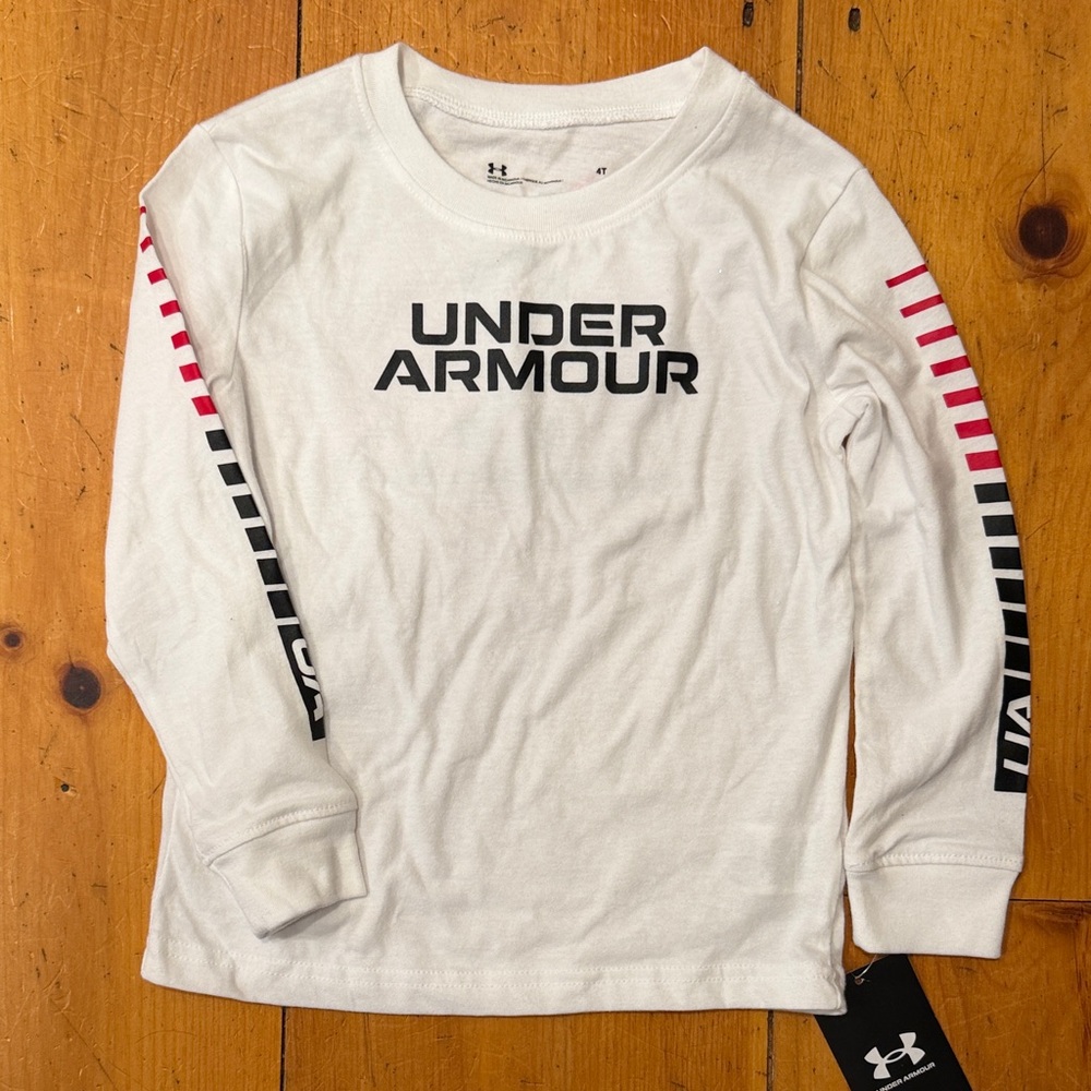 Under Armour Long Sleeve Tee with Red and Black Accents Kids White size 4